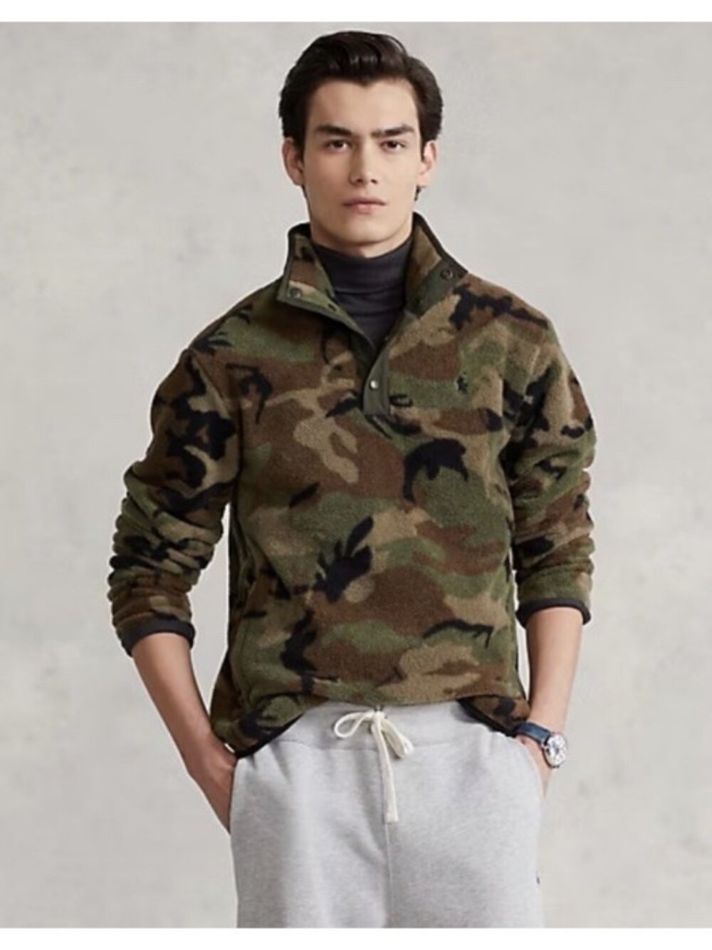 Polo Ralph Lauren Camo Brushed Fleece Pullover Snap Mock Neck Mens XL NWT
